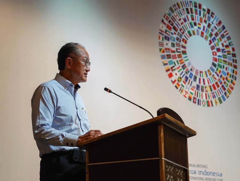 World Bank president Jim Yong Kim talks during a trade conference at the 2018 International Monetary Fund (IMF) World Bank Group Annual Meeting at Nusa Dua in Bali province