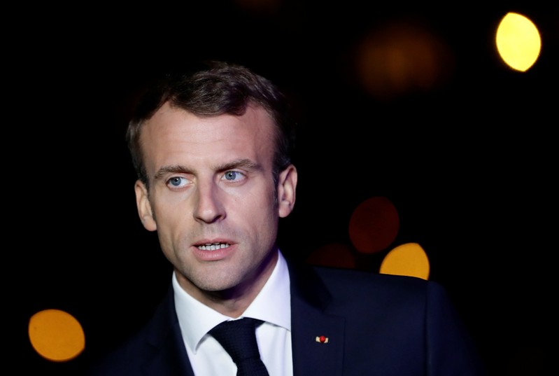 French President Emmanuel Macron gives a statement on the occasion of the 100th anniversary of the 1918 creation of the Czechoslovak independent state as he meets with Czech Prime Minister Andrej Babis in Prague