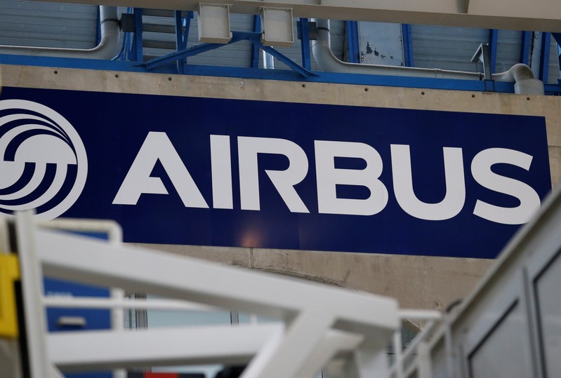 The logo of Airbus is seen at the Airbus A330 final assembly line at Airbus headquarters in Colomiers, near Toulouse