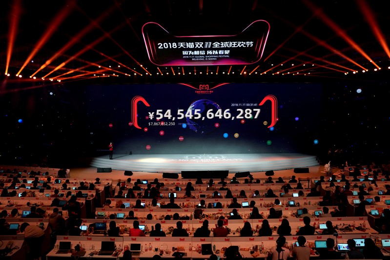 A screen shows the value of goods being transacted at Alibaba Group's 11.11 Singles' Day global shopping festival in Shanghai