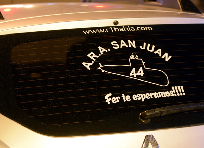 A sticker in commemoration of the 44 crew members of the missing at sea ARA San Juan submarine is seen on the windshield of a car of a victim's relative outside a hotel where relatives are staying in Mar del Plata