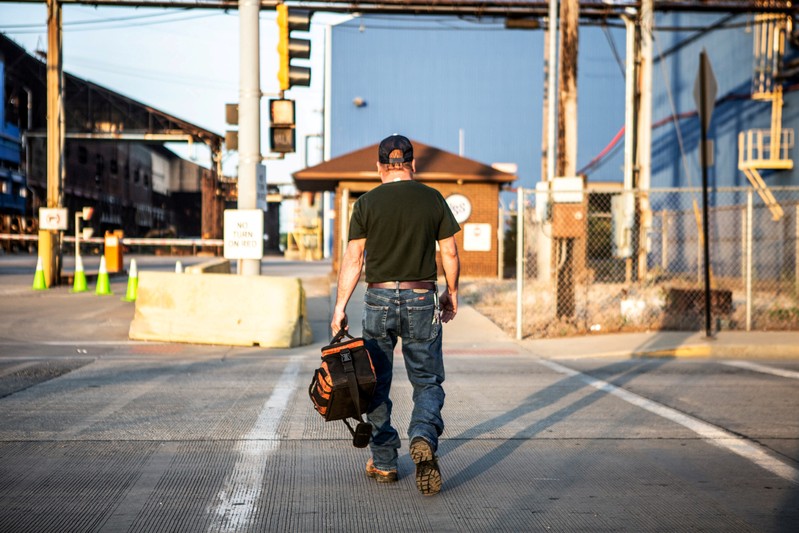 FILE PHOTO - A steel worker returns to work at U.S. Steel Granite City Works in Granite City