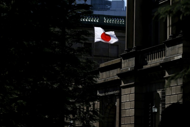 FILE PHOTO: A Japanese flag flutters on the Bank of Japan building in Tokyo