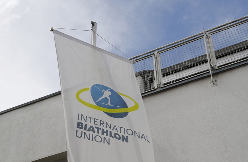 The flag of the International Biathlon Union (IBU) is seen outside its headquarters in Salzburg
