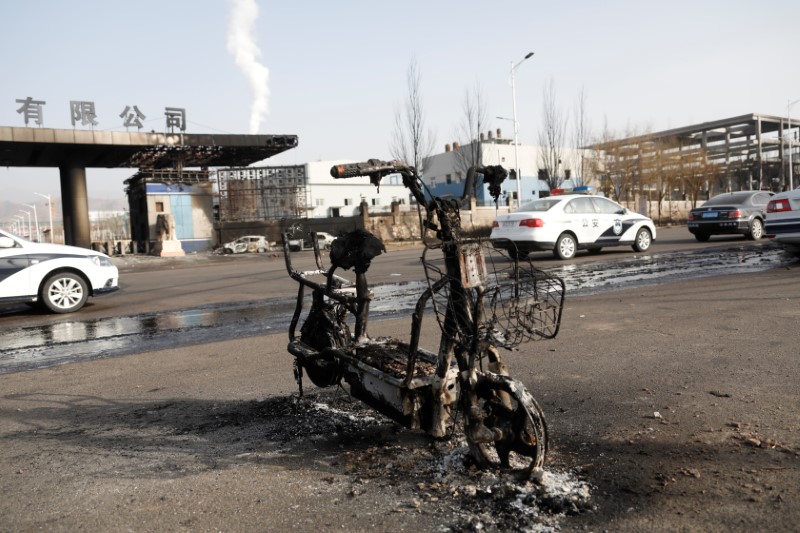 Burnt electric bicycle is pictured following a blast near a chemical plant in Zhangjiakou