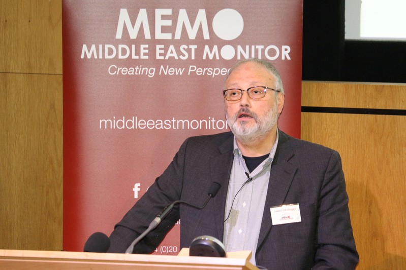 FILE PHOTO: Saudi dissident Jamal Khashoggi speaks at an event hosted by Middle East Monitor in London