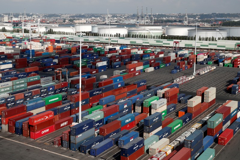 FILE PHOTO - Shipping containers sit stacked at the Port 2000 terminal in the Port of Le Havre