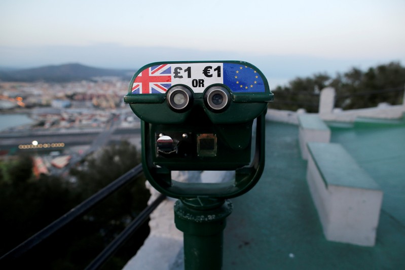 FILE PHOTO: Tourist binoculars offer users the chance to pay in pounds or euros, on top of the Rock in the British overseas territory of Gibraltar