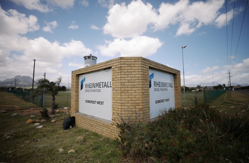 A corporate logo is seen outside the Rheinmetall Denel munitons plant near Cape Town, South Africa