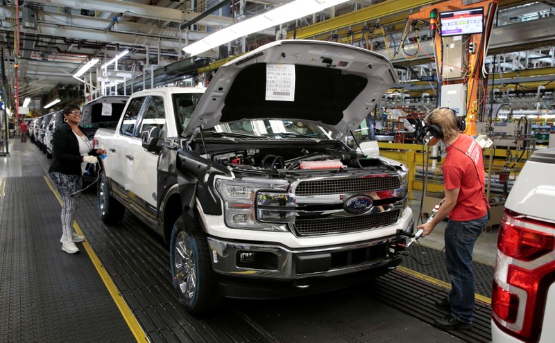 A 2018 F150 pick-up truck moves down the assembly line at Ford's Dearborn Truck Plant during the 100-year celebration of the Ford River Rouge Complex in Dearborn