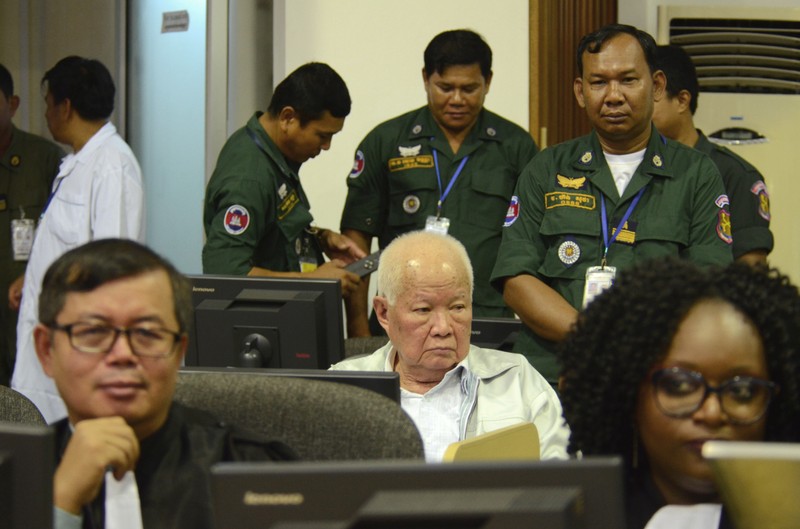 Former Khmer Rouge Khieu Samphan sits at the courtroom of the Extraordinary Chambers in the Courts of Cambodia (ECCC) as he awaits a verdict, on the outskirts of Phnom Penh