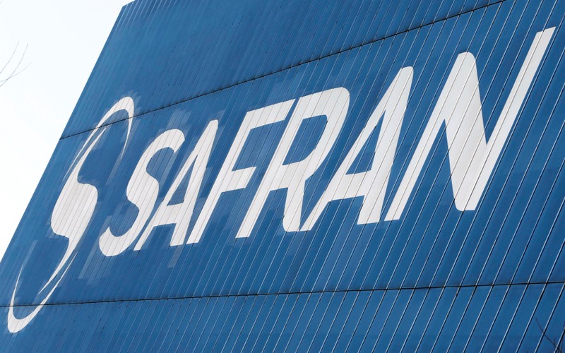 Logo of the Safran Aircraft Engines plant is seen on the company's headquarters building in Blagnac, near Toulouse