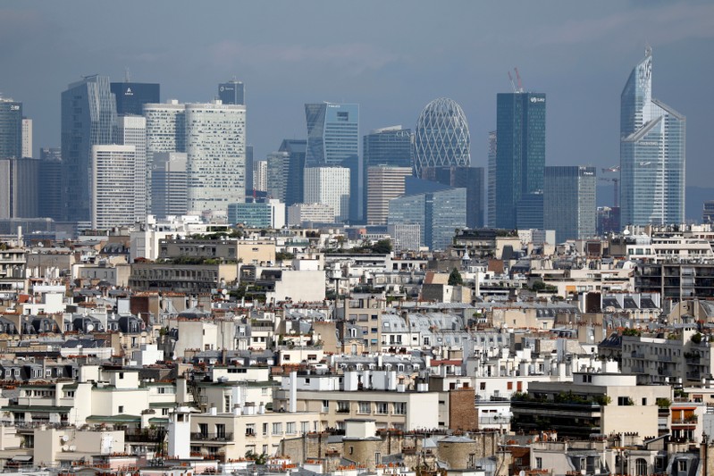 The skyline of La Defense business district is seen from the Airparif Generali Balloon which flies over the Park Andre-Citroen in Paris