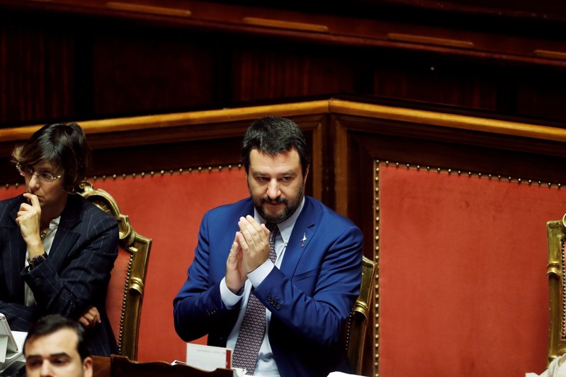 Interior Minister Matteo Salvini gestures before a confidence vote in the upper house Senate in Rome