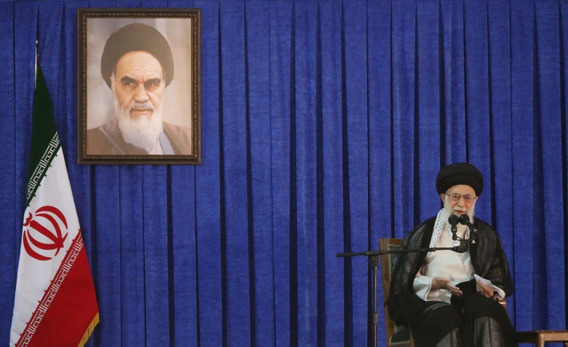 Iran's Supreme Leader Ayatollah Ali Khamenei delivers a speech during a ceremony marking the death anniversary of the founder of the Islamic Republic Ayatollah Ruhollah Khomeini, in Tehran