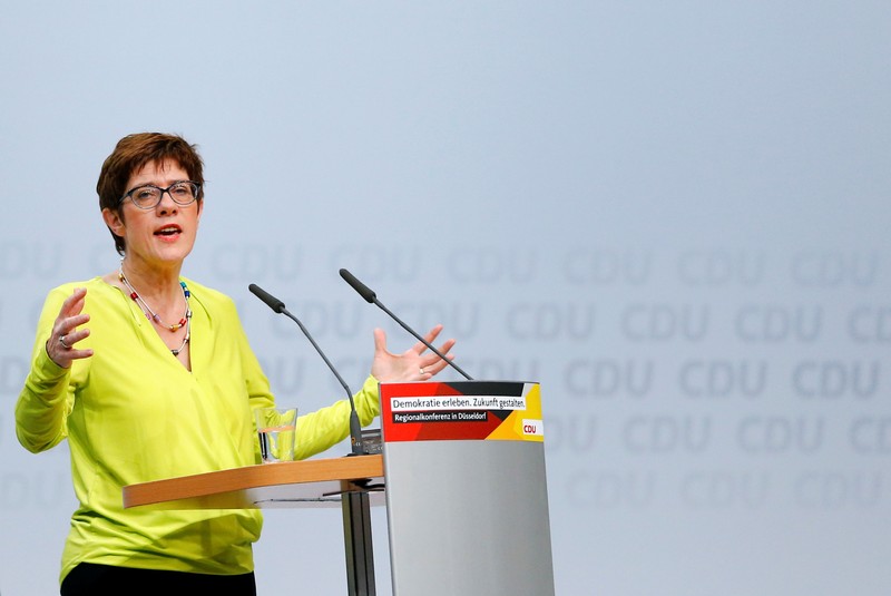 FILE PHOTO: Christian Democratic Union (CDU) candidate for the party chair Annegret Kramp-Karrenbauer delivers a speech at a regional conference in Duesseldorf