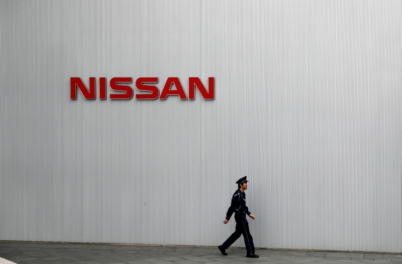 Nissan logo is seen at Nissan Motor Co.'s global headquarters building in Yokohama