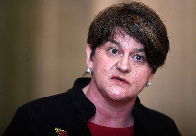 DUP Leader Arlene Foster talks to the media at a news conference at Stormont in Belfast