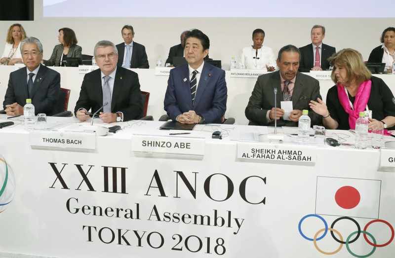FILE PHOTO: IOC President Bach, Japan's PM Abe and ANOC President Al-Sabah attend the XXIII ANOC General Assembly in Tokyo