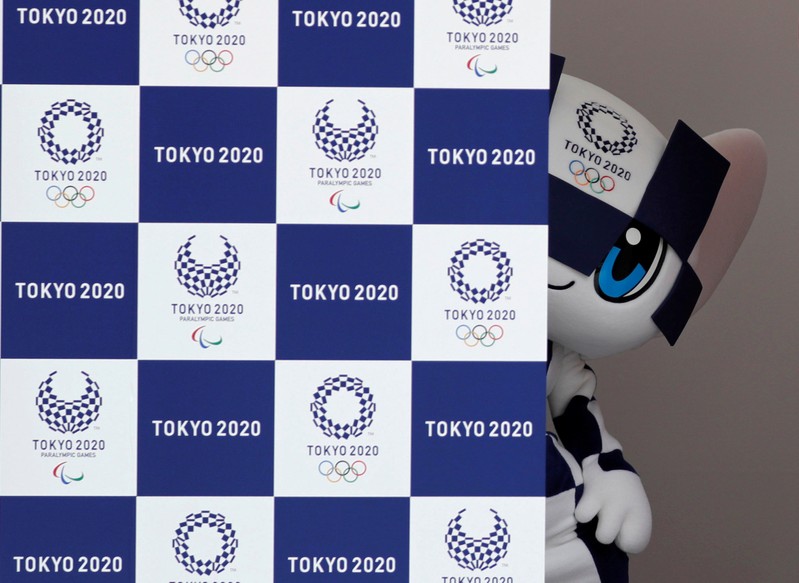 Tokyo 2020 Olympic Games mascot Miraitowa stands on stage during the mascots' debut in Tokyo