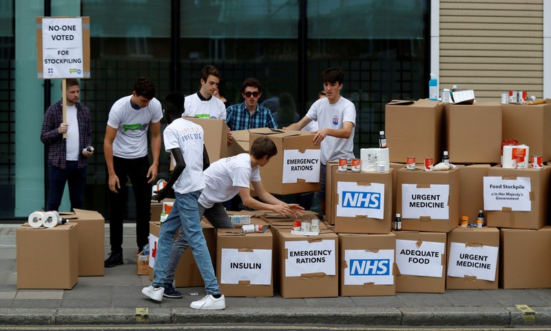 FILE PHOTO: Protesters demonstrate against the possible stockpiling of medecines and food in the event of a no-deal Brexit in London