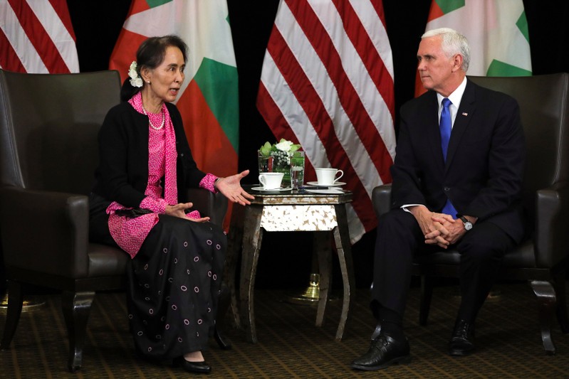 Myanmar's State Counsellor Aung San Suu Kyi and U.S. Vice President Mike Pence hold a bilateral meeting in Singapore