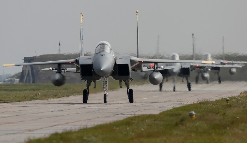 U.S. Air Force F-15 fighter jets are seen on the tarmac during the Clear Sky 2018 multinational military drills in Starokostiantyniv