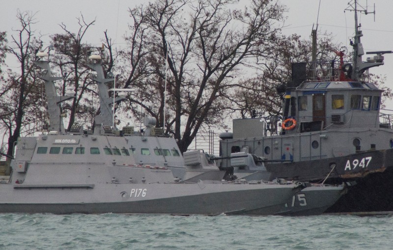 Ukrainian naval ships seized by Russia's FSB security service are seen anchored in Kerch