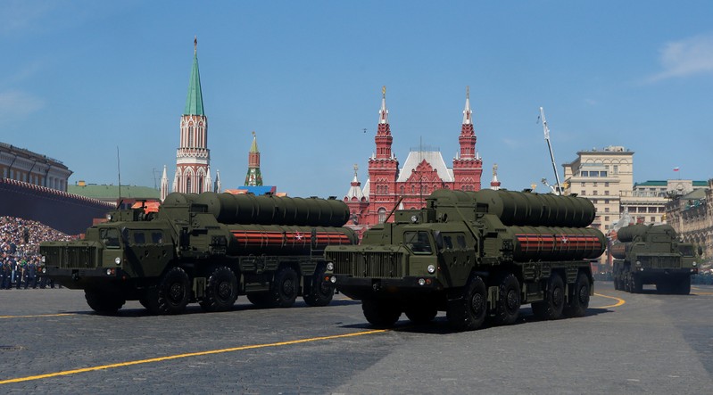 FILE PHOTO - Russian servicemen drive S-400 missile air defence systems during the Victory Day parade at the Red Square in Moscow