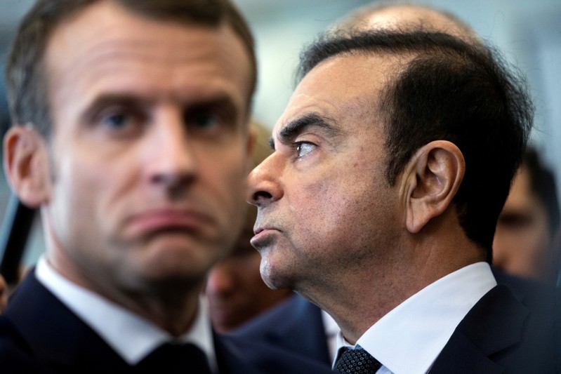 FILE PHOTO: French President Emmanuel Macron and Renault CEO Carlos Ghosn visit the Renault factory in Maubeuge
