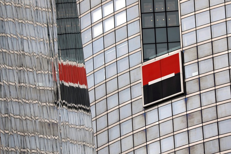 FILE PHOTO: The logo of French bank Societe Generale is seen on the company's headquarters in Puteaux at the financial and business district of La Defense near Paris