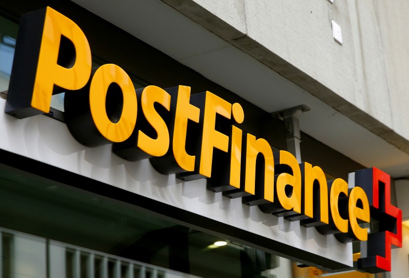 Logo of Swiss PostFinance bank is seen at a branch in Zurich