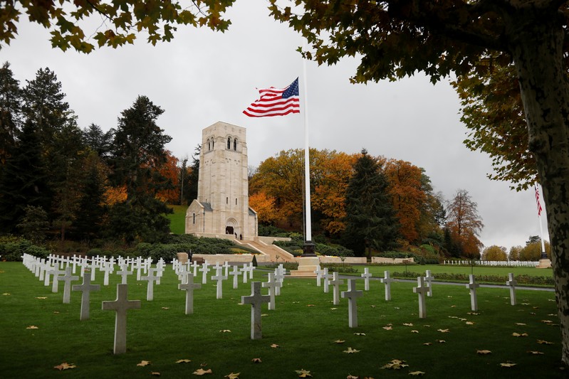 The American flag flies at the Aisne-Marne American Cemetery dedicated to the US soldiers killed in the Belleau Wood battle during World War One at Belleau