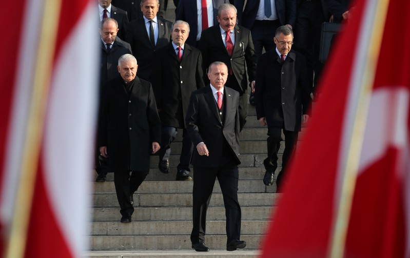Turkish President Tayyip Erdogan attends a ceremony at the mausoleum of Mustafa Kemal Ataturk in Ankara