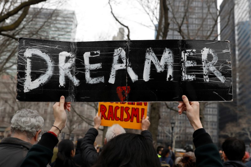 Activists and DACA recipients march up Broadway during the start of their 'Walk to Stay Home,' a five-day 250-mile walk from New York to Washington D.C., to demand that Congress pass a Clean Dream Act, in Manhattan, New York