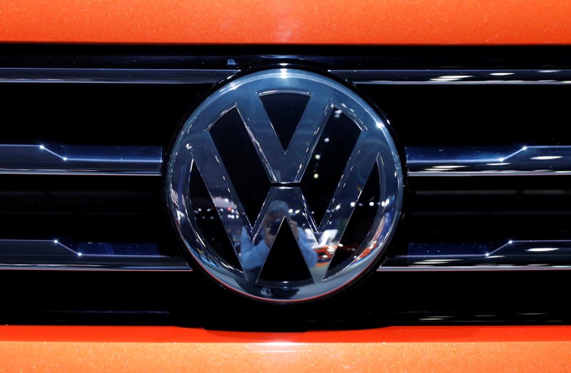 FILE PHOTO: The Volkswagen logo is seen on a vehicle at the New York Auto Show in New York