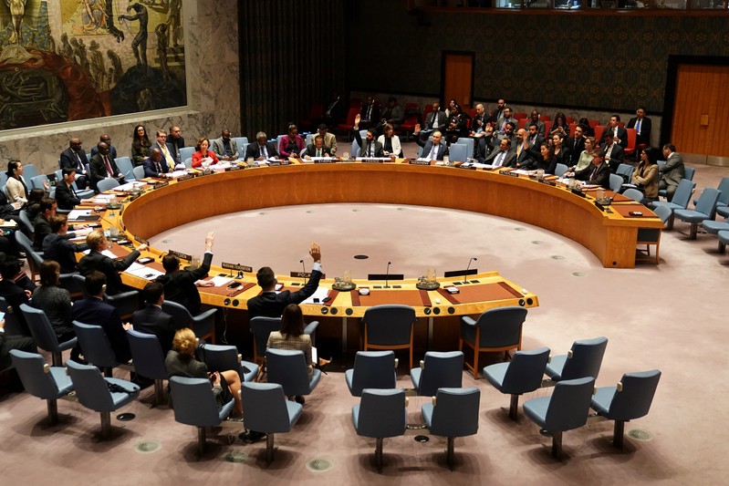 UN Security Council members vote on a resolution about Yemen's security at UN Headquarters in the Manhattan borough of New York City