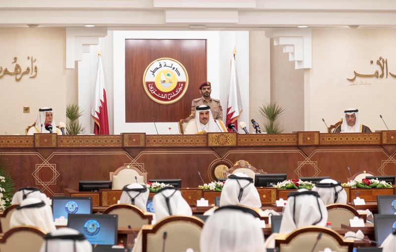 Qatar's Emir Sheikh Tamim bin Hamad al-Thani speaks to the country's consultative Shoura council in Doha