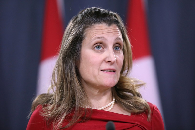 FILE PHOTO - Canada's Foreign Minister Chrystia Freeland speaks during a news conference in Ottawa
