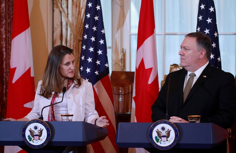 Canadian Foreign Minister Chrystia Freeland and U.S. Secretary of State Mike Pompeo hold a joint news conference in Washington