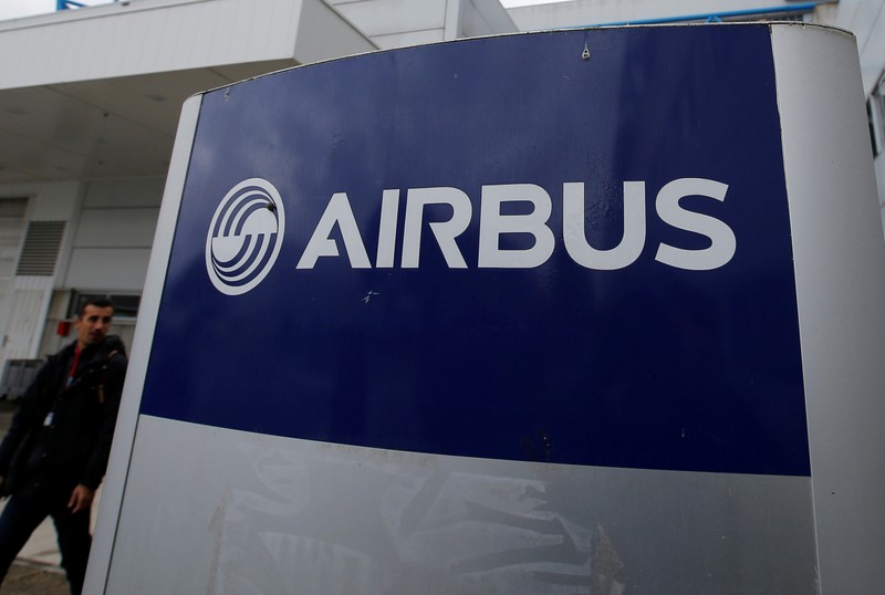 FILE PHOTO: The logo of Airbus is pictured at the Airbus A330 final assembly line at Airbus headquarters in Colomiers