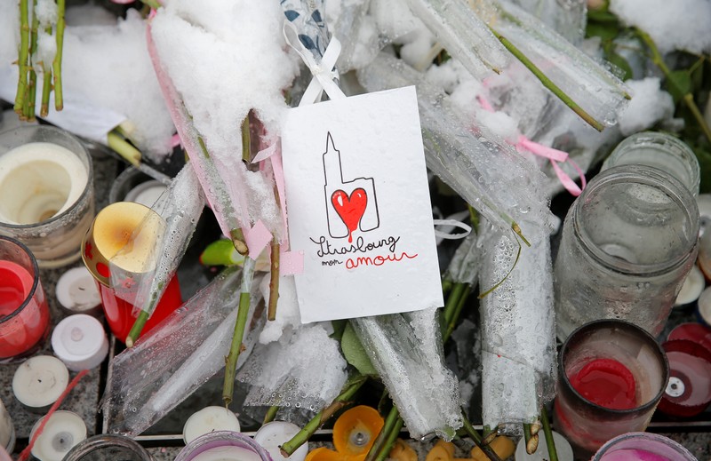 A drawing representing Strasbourg's cathedral is seen at an improvised memorial in tribute to the victims of December 11 attack during a ceremony in Strasbourg