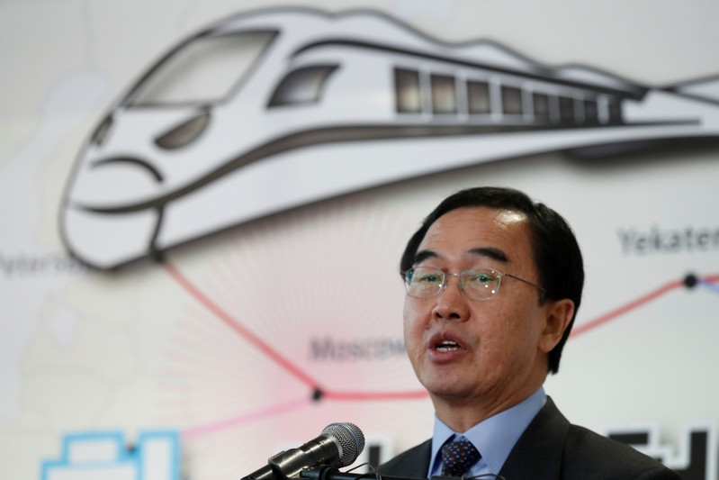FILE PHOTO: South Korean Unification Minister Cho Myoung-gyon speaks during a farewell ceremony for a joint onsite survey for the connection and modernization of the Inter-Korean railway at Dorasan station in Paju