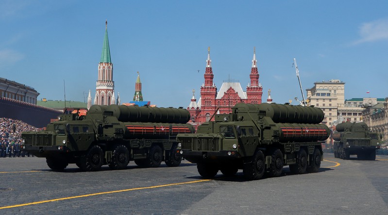 Russian servicemen drive S-400 missile air defence systems during the Victory Day parade at the Red Square in Moscow