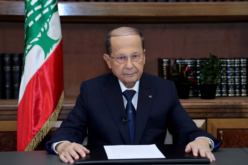 Lebanese President Michel Aoun talks on the eve of the country's 75th independence day at the presidential palace in Baabda