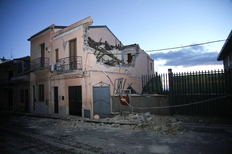 An house is seen damaged by an earthquake, measuring magnitude 4.8, at the area north of Catania on the slopes of Mount Etna in Sicily