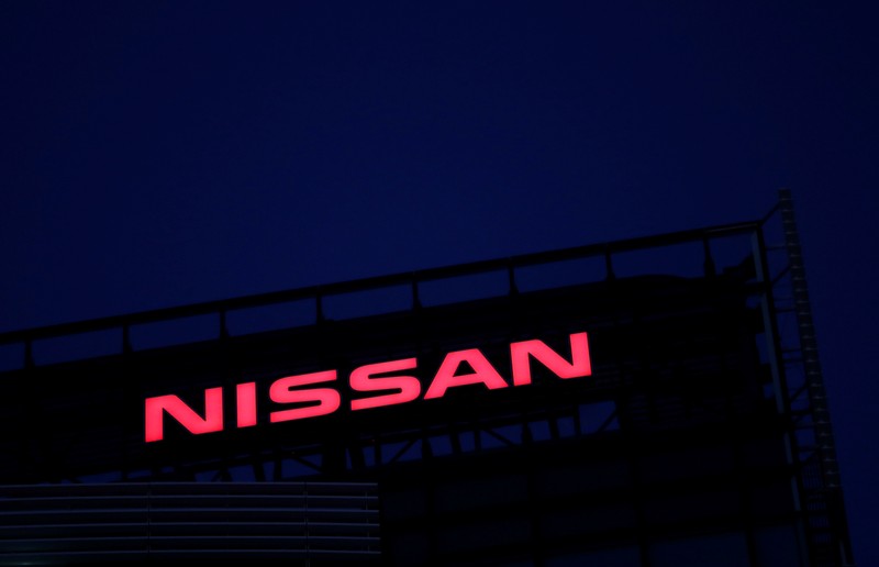 The Nissan logo is seen at Nissan Motor Co.'s global headquarters building in Yokohama