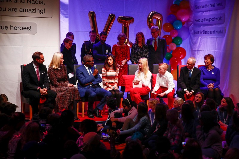 Norway's Crown Prince Haakon, Crown Princess Mette Marit, Doctor Denis Mukwege and Nadia Murad attend The Children's Peace Prize Party at Nobel Peace Centre in Oslo