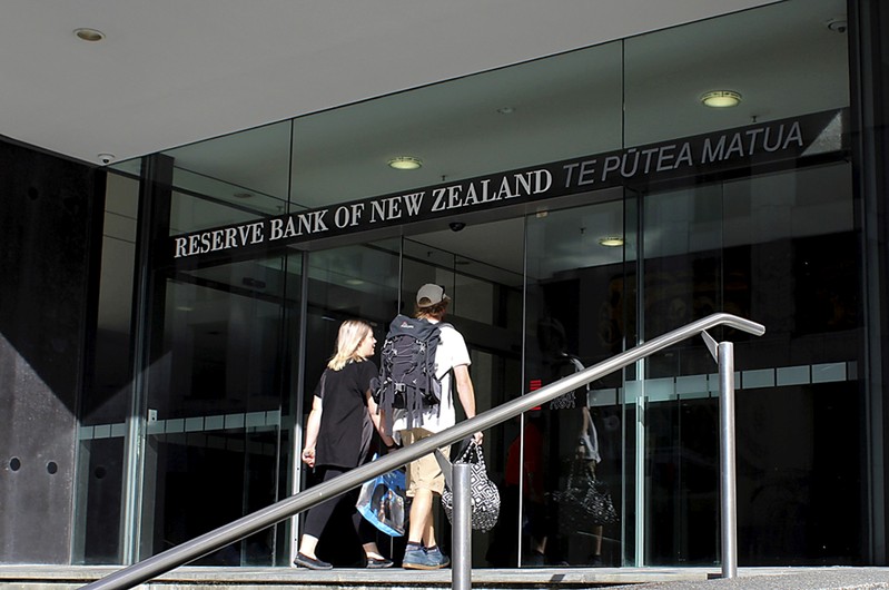 FILE PHOTO: Two people walk towards the entrance of the Reserve Bank of New Zealand located in the New Zealand capital city of Wellington