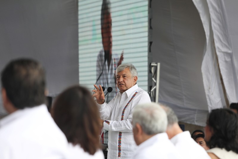 Mexico's new President Andres Manuel Lopez Obrador speaks during an event to unveil his plan for oil refining, in Paraiso